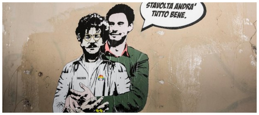 Giulio Regeni abbraccia Zaki: murales a villa Ada per la liberazione dello studente egiziano