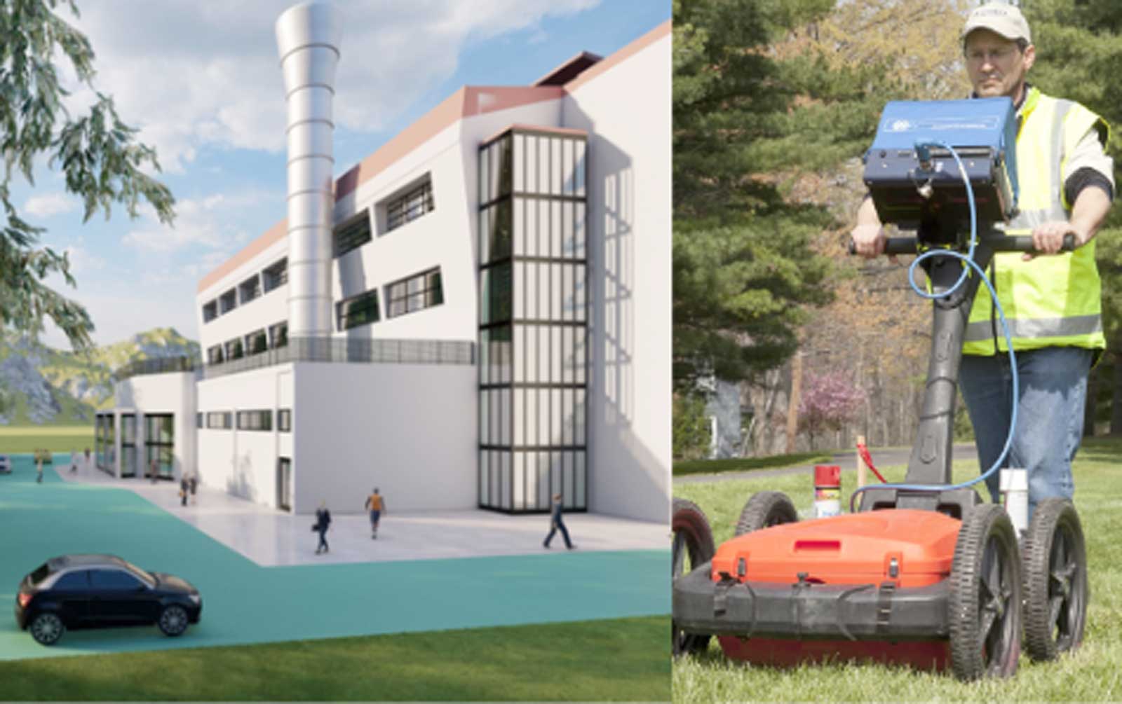 Fiumicino, a sinistra il renderind di come sarà il futuro auditorium, a destra un georadar