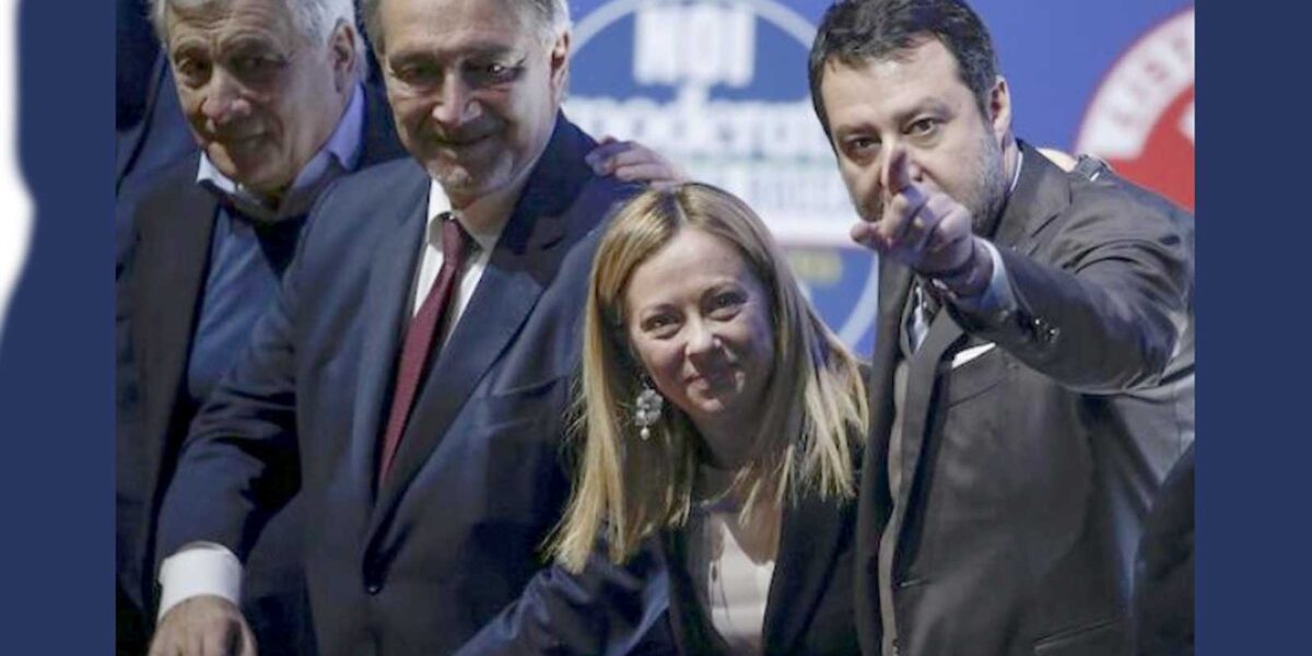 Da sinistra, il segretario nazionale di Forza Italia Tajani, il Govenratore Rocca, la premier Meloni e il leader della Lega Salvini