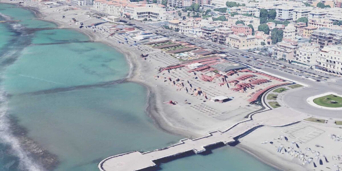 La spiaggia di Ostia, foto Google Heart elaborata in 3D con ausilio della I.A.