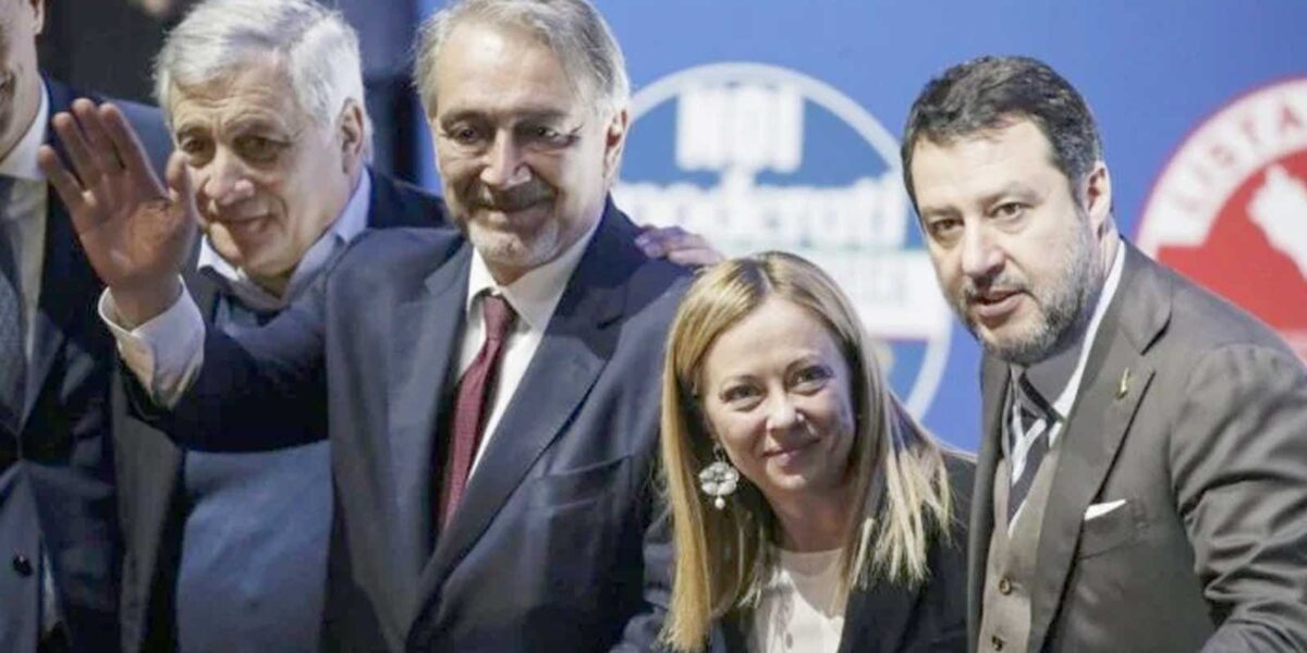 Da sinistra, Tajani, Rocca, Meloni e Salvini in Regione Lazio