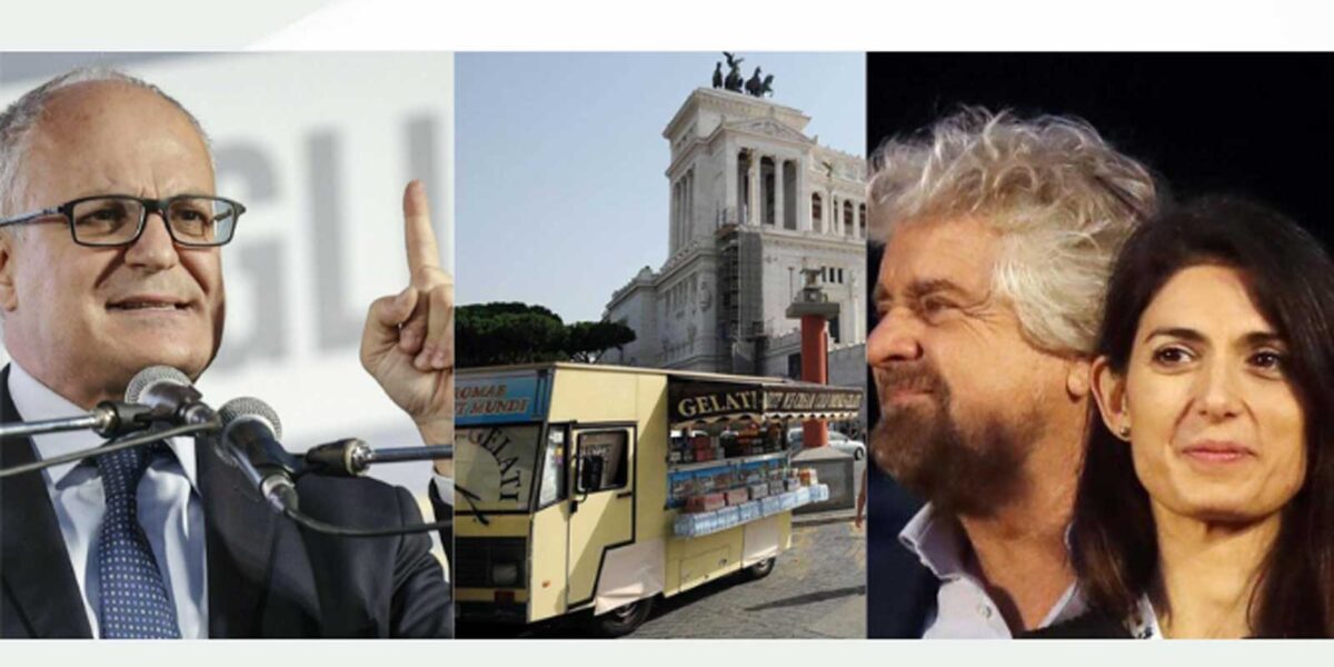 A siniostra Roberto Giualtieri, sindaco di Roma, al centro una bancarella della famiglia dei Tredicine, davanti piazza Venezia, a destra la sindaca Raggi con dietro il suo 'capo' politico, Beppe Grillo