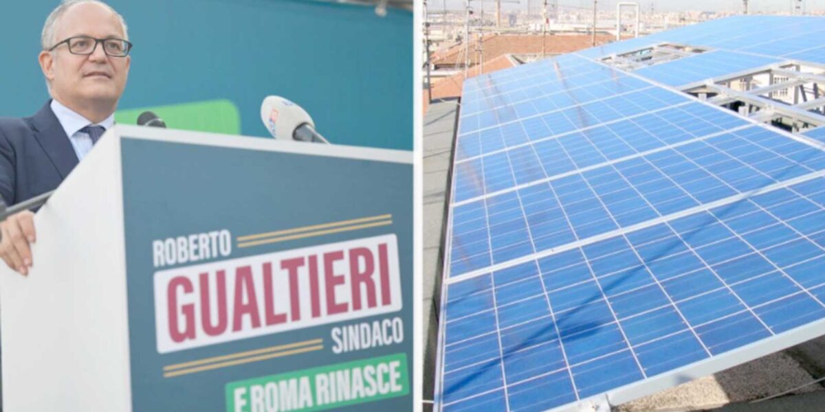 A sinistra, il sindaco di Roma Roberto Gualtieri durante la campagna elettorale del 2021, a destra un impianto fotovoltaico sui tetti di un edificio pubblico