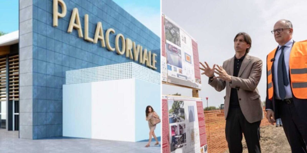 A sinistra, il rendering del nuovo palazzetto dello sport di Corviale, a destra il sindaco Gualtieri e l'assessore Onorato