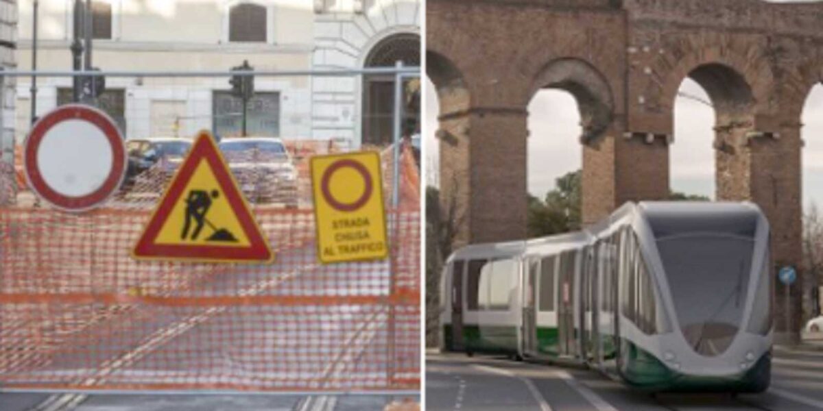 A sinistra, un cantiere che blocca il centro di Roma, a destra, il rendering di un nuovo tram in zona Palmiro Togliatti