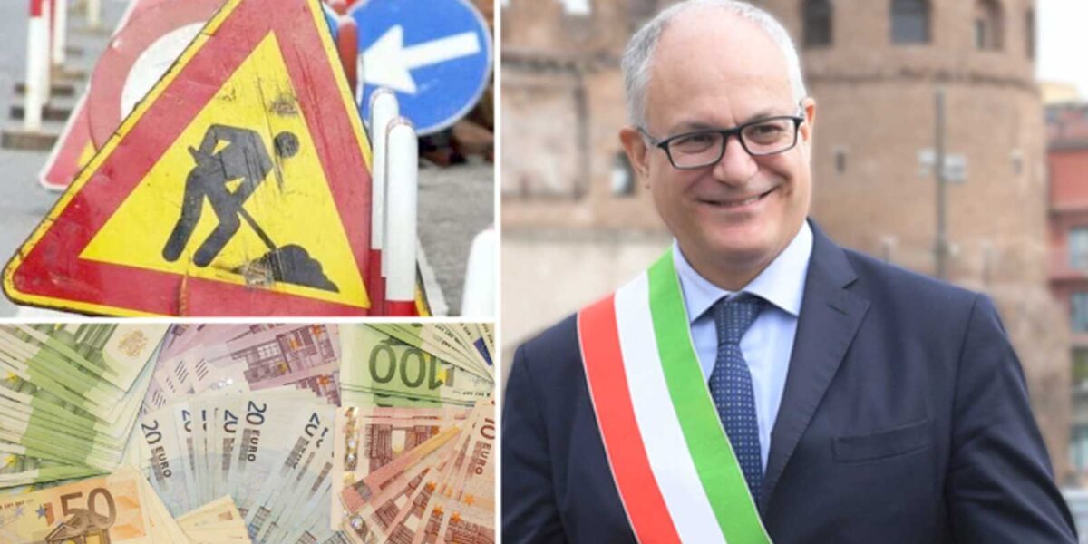 Da sinistra, in senso orario: un cartello di cantiere a Roma in vista del Giubileo; il sindaco Roberto Gualtieri; una mazzetta di soldi