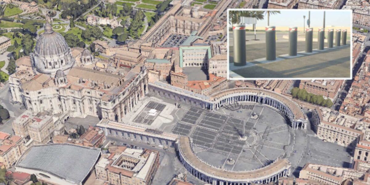 Roma, l'area attorno al Vaticano interessata dai nuovi pilomat che diventerà quindi a transito limitato. Foto Google Heart elaborata in 3D con ausilio AI