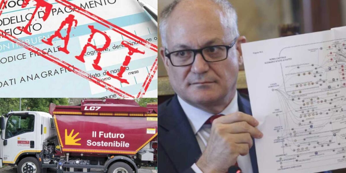 A sinistra, una classica bolletta Tari, a destra il sindaco di Roma Roberto Gualtieri - www.7colli.it