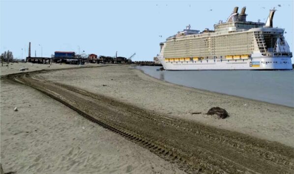 Simulazione dell'Oasis alta 72 metri realizzata dal comitato Tavoli di Porto 81 metri al vecchio faro di Fiumicino