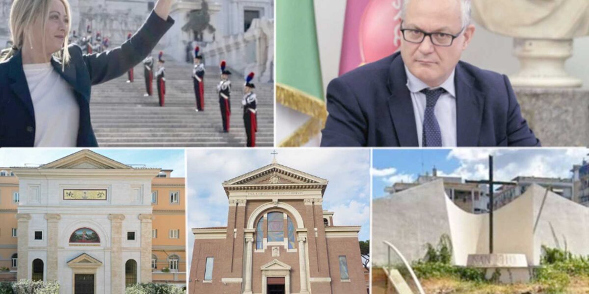 A sinistra, in alto Giorgia Meloni e Roberto Gualtieri. In basso, da sinistra, le tre chiese 'minori' di Roma Capitale