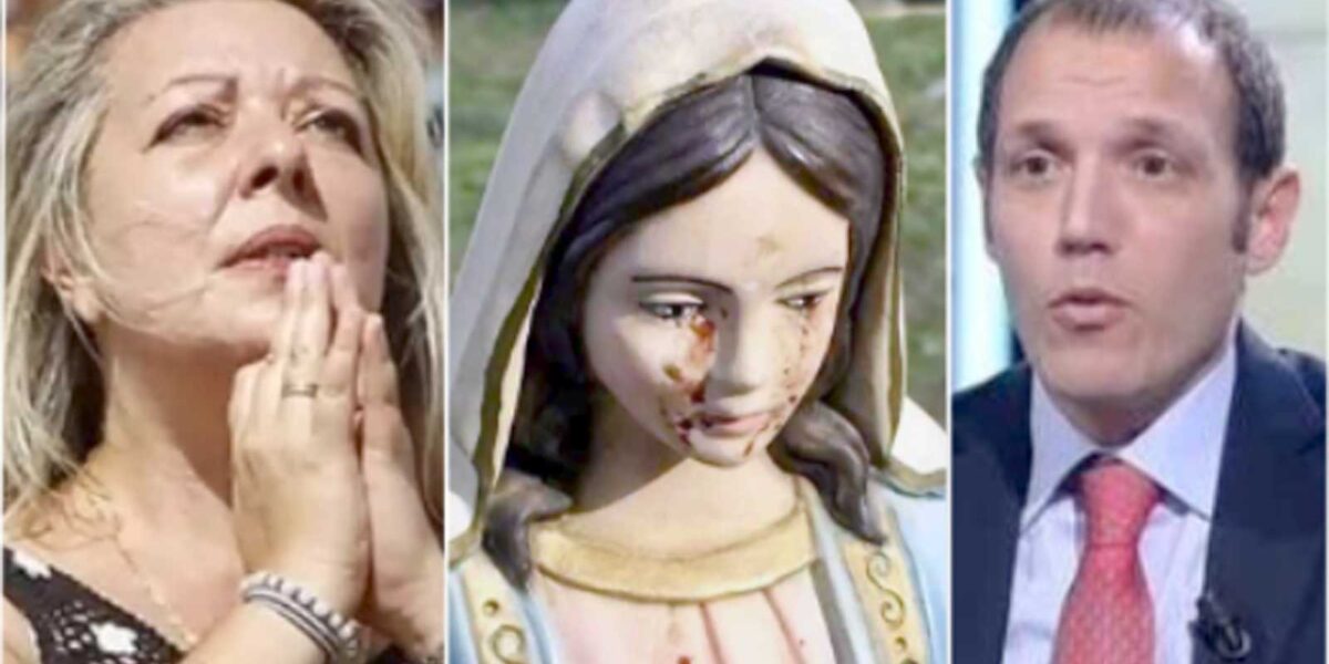 Da sinistra, la veggente, la statua della Madonna e il genetista dell'Università di Roma Tor vergata