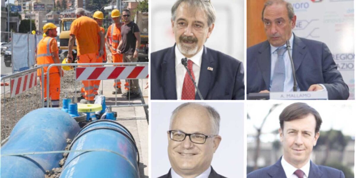 Roma, a sinistra un cantiere Acea, a destra il Governatore Francesco Rocca, Antonio Mallamo, Amministratore di Astral, l'Ad di Acea Giuseppe Palermo