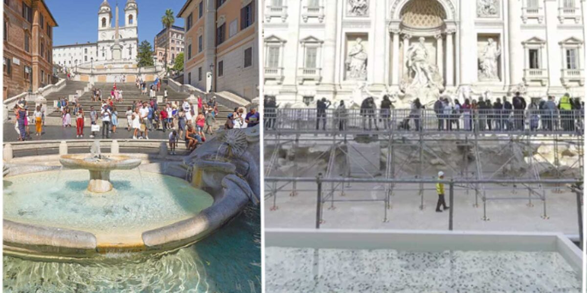 A sinistra, la Barcaccia di piazza di Spagna, a destra Fontana di Trevi