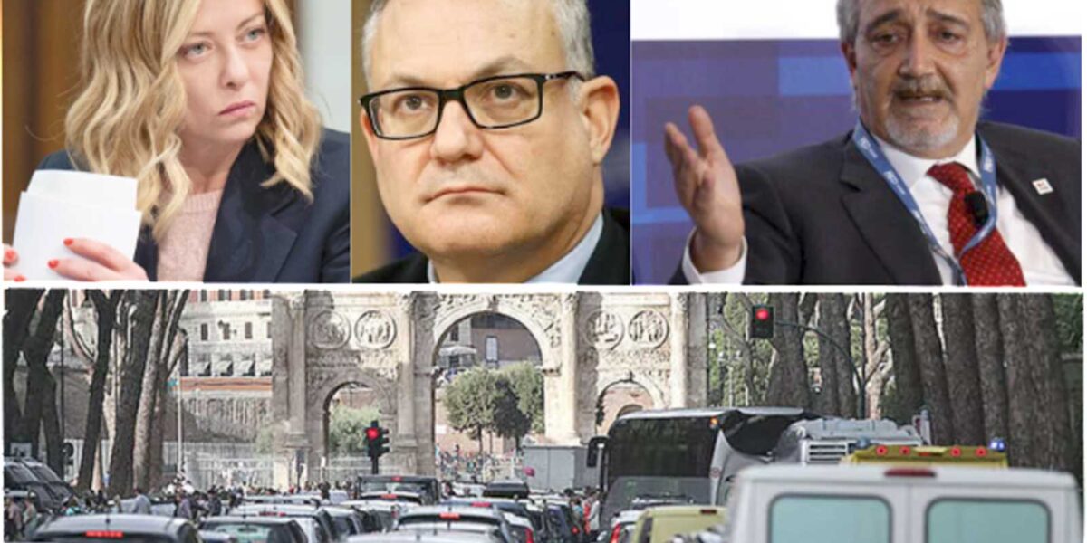 Da sinistra in alto, Giorgia Meloni, premier; Roberto Gualtieri, sindaco di Roma; Francesco Rocca, Governatore del Lazio, sotto Roma paralizzata dal traffico
