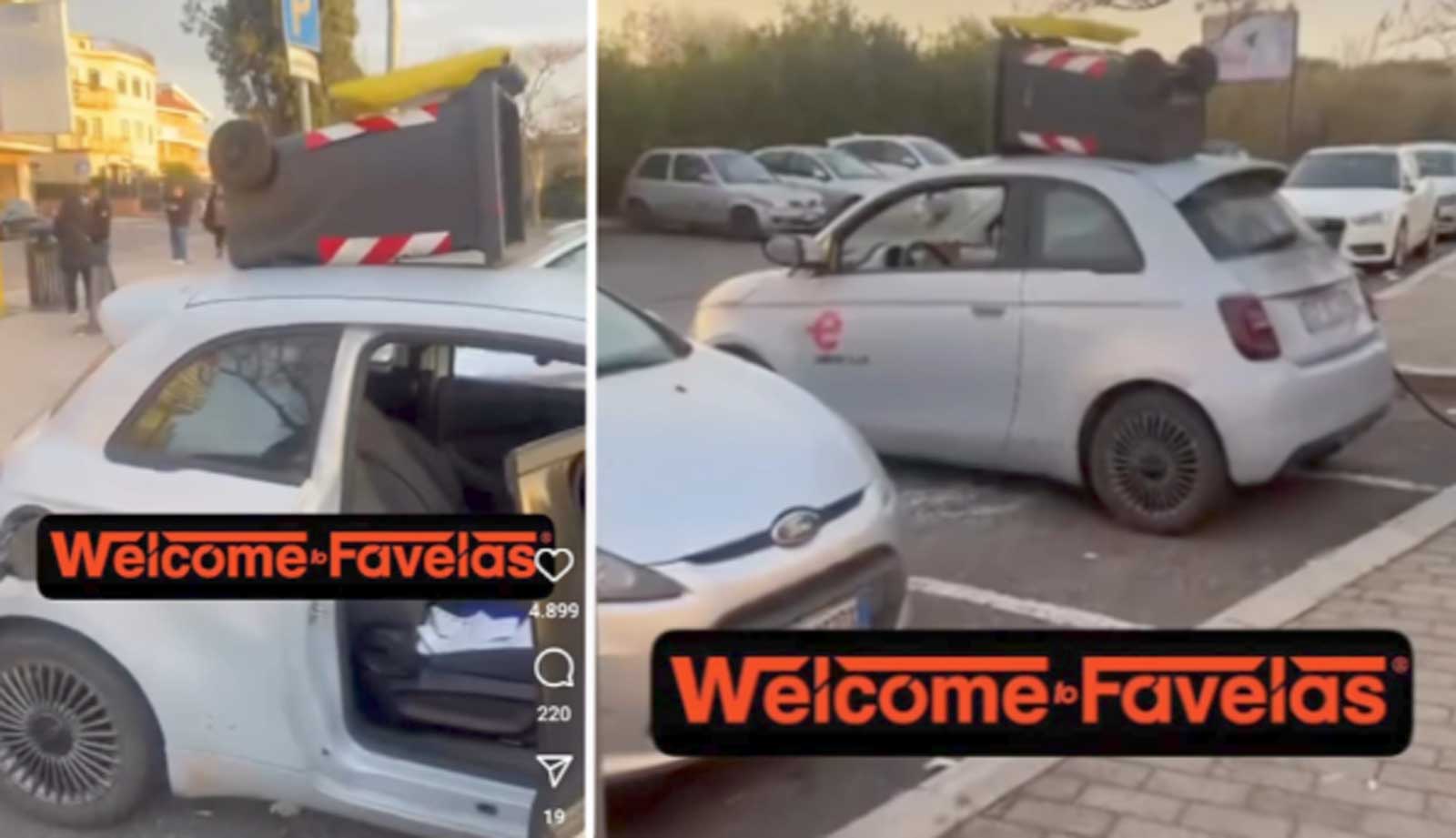 Roma, due immagini dell'auto elettrica vandalizzata a Torrenova
