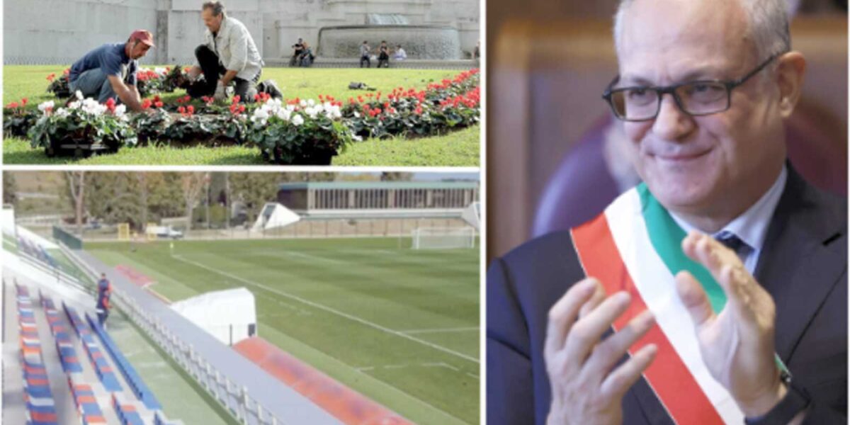 A destra, il sindaco di Roma Roberto Gualtieri, a sinistra in alto una aiuola a piazza Venezia, sotto un impianto sportivo capitolino
