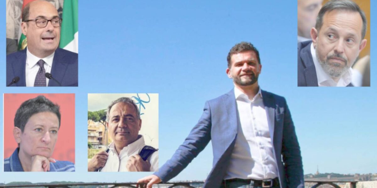 Regione Lazio, in primo piano Emiliano Manari, sopraimpressi: Nicola Zingaretti, Marta Bonafoni, Giovanni Caudo e Giancarlo Righin