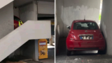 Roma, auto in sharing incastrata sulla scalinata di una palazzina al Laurentino 38: il web si scatena (FOTO)