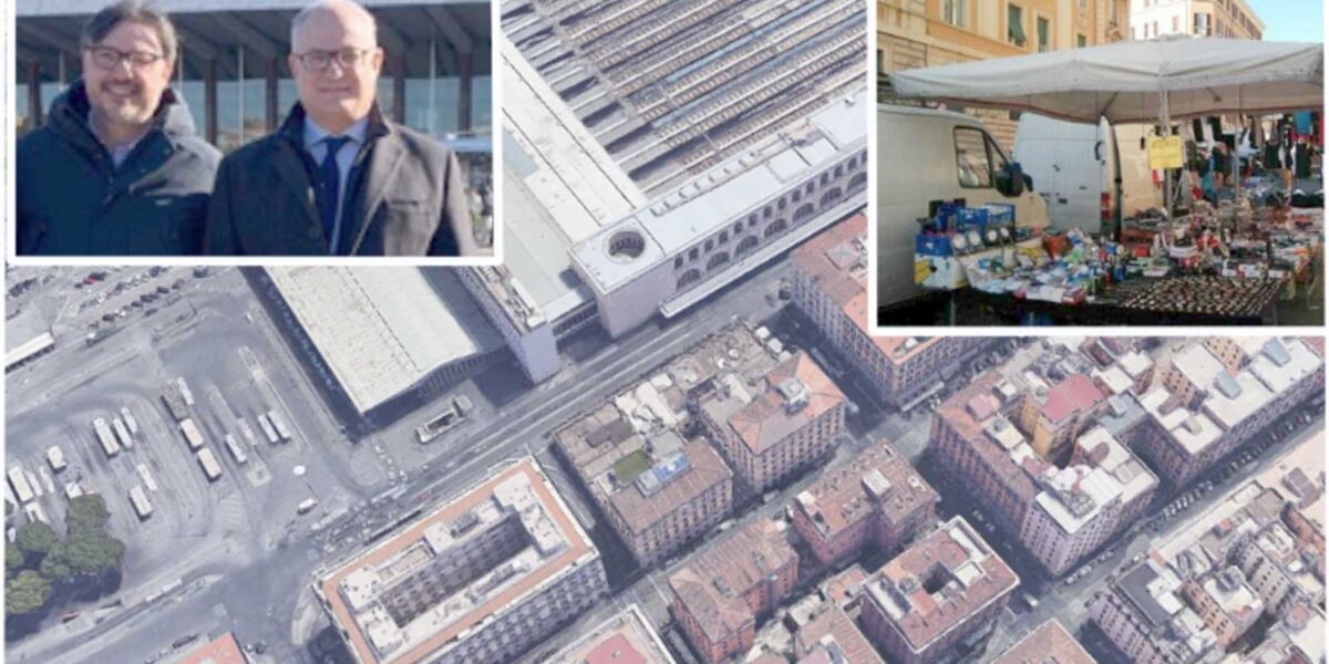 Roma, sullo sfondo la stazione Termini vista dall'alto, foto Google Maps, in primo piano il sindaco Roberto Gualtieri, l'assessore Eugenio Patanè, e una cloassica bancarella della nota famiglia attiva su Roma e dintorni