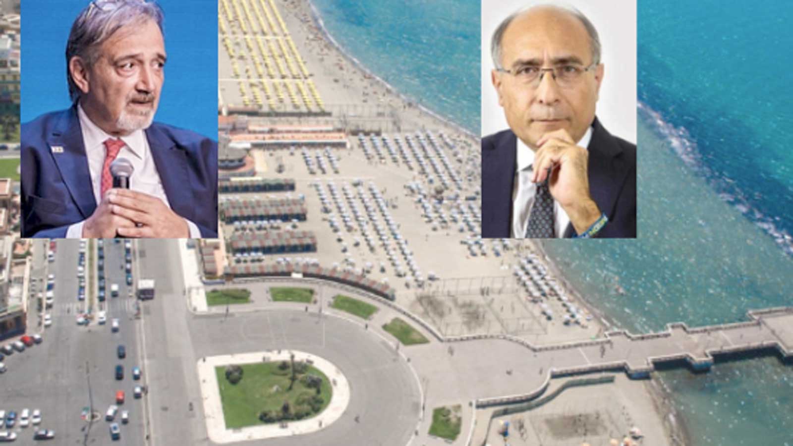 Sullo sfondo il litorale di Ostia, in primo piano il governatore del Lazio Francesco Rocca e il presidente della Commissione Sviluppo Economico Lazio Enrico Tiero