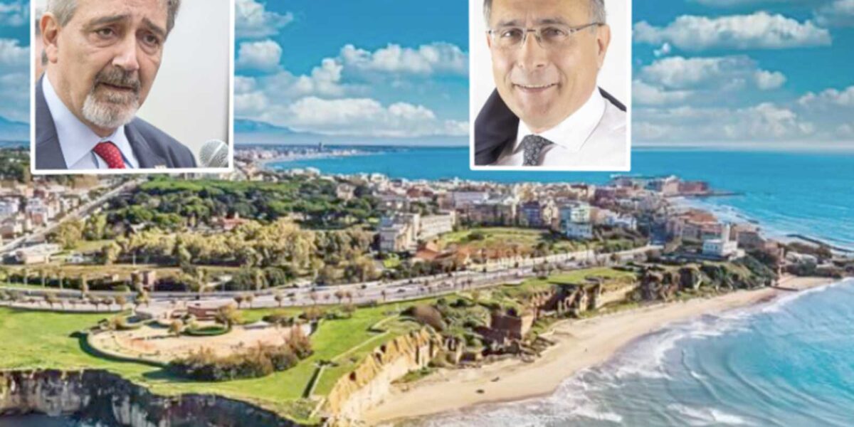 Sullo sfondo, il litorale marittimo del Lazio all'altezza di Anzio, Grotte di nerono, in primo piano il Governatore Francesco Rocca e il presidente della Commissione Sviluppo Economico, Enrico Tiero