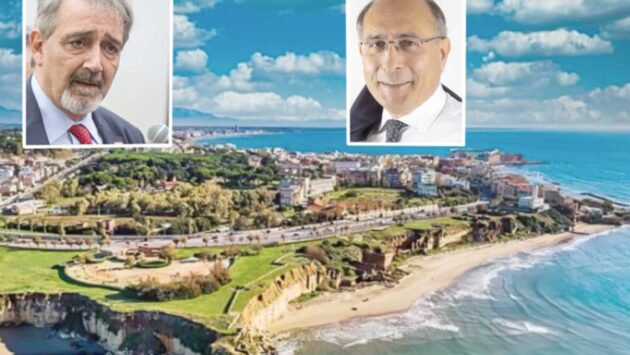 Sullo sfondo, il litorale marittimo del Lazio all'altezza di Anzio, Grotte di nerono, in primo piano il Governatore Francesco Rocca e il presidente della Commissione Sviluppo Economico, Enrico Tiero
