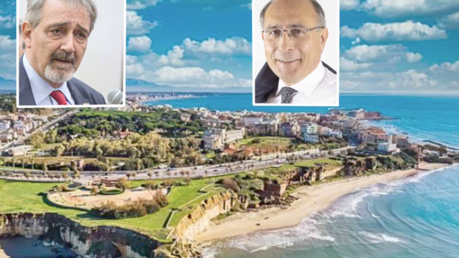 Sullo sfondo, il litorale marittimo del Lazio all'altezza di Anzio, Grotte di nerono, in primo piano il Governatore Francesco Rocca e il presidente della Commissione Sviluppo Economico, Enrico Tiero