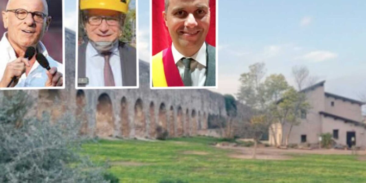 Roma, sullo sfondo il Parco di Tor Fiscale, sull'Appia Antica, in primo Piano il deputato Rampelli (FdI9, il sindaco Gualtieri e il presidente del Municipio VII Laddaga