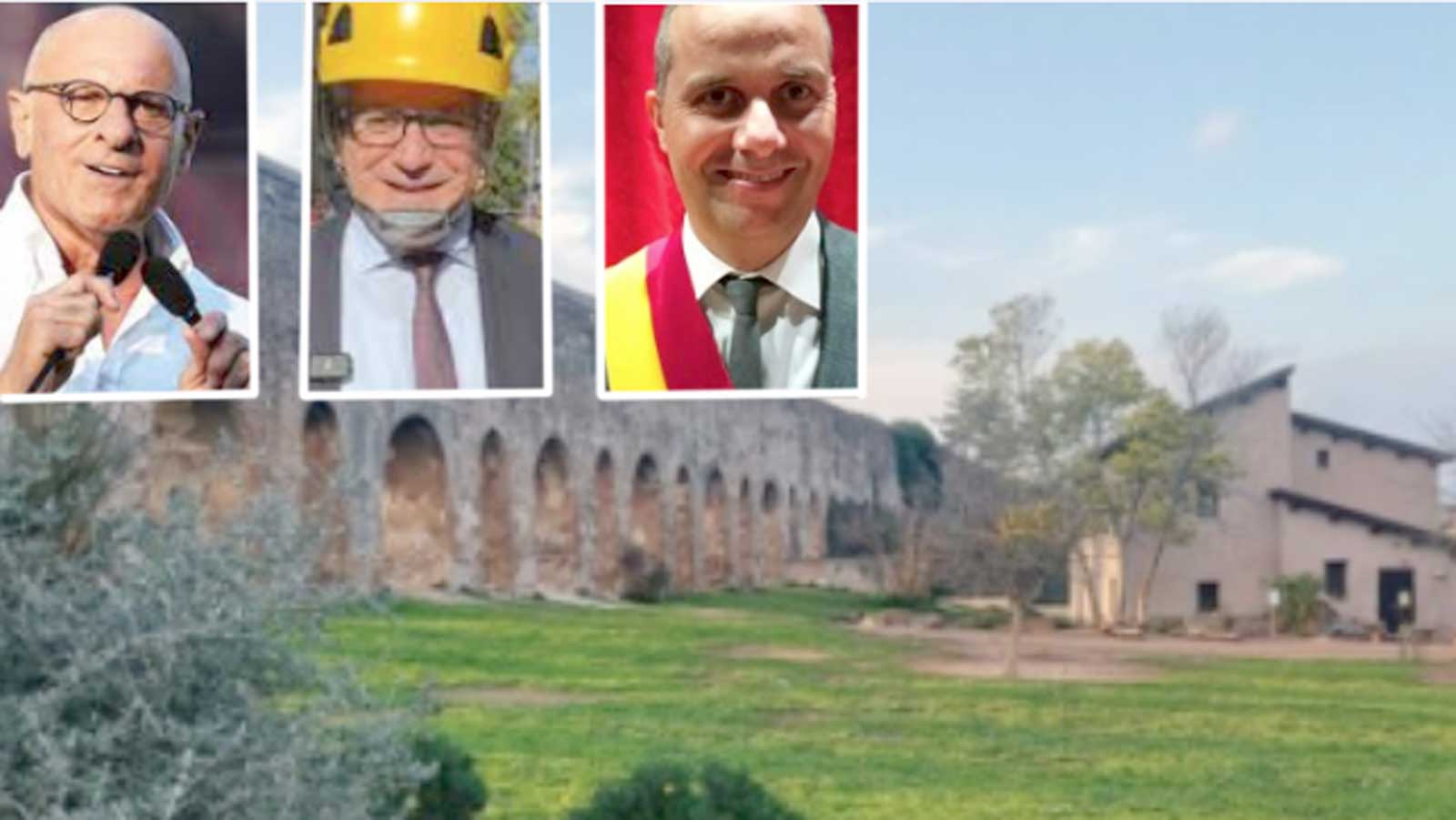 Roma, sullo sfondo il Parco di Tor Fiscale, sull'Appia Antica, in primo Piano il deputato Rampelli (FdI9, il sindaco Gualtieri e il presidente del Municipio VII Laddaga