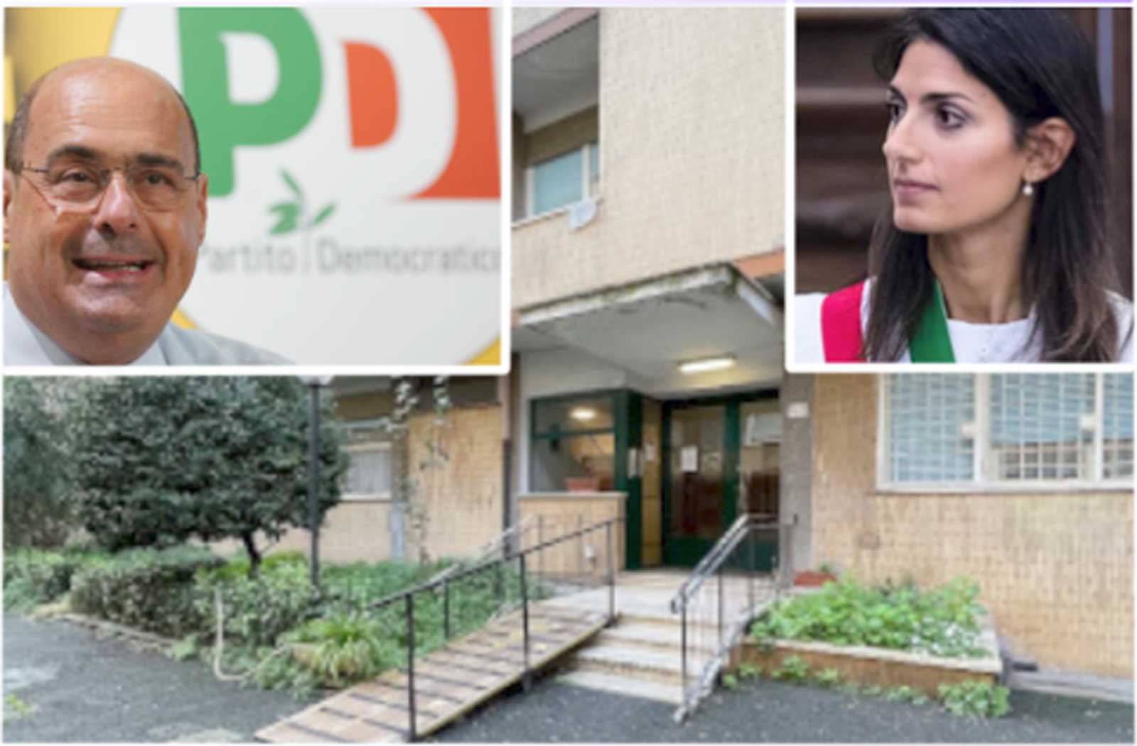 Roma, sullo sfondo l'ingresso di uno dei palazzi Ater in cui si trovano le 100 case, in primo piano l'ex Governatore del Lazio Zingaretti e l'ex prima cittadina Virginia Raggi