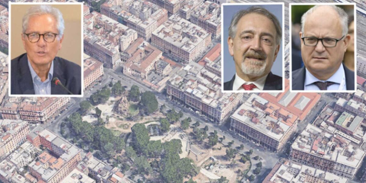 Roma, sullo sfondo il quartiere Esquilino, in primo piano l'ex sindaco di Roma Francesco Rutelli, il sindaco attuale Roberto Gualtieri, il governatore del Lazio, Francesco Rocca