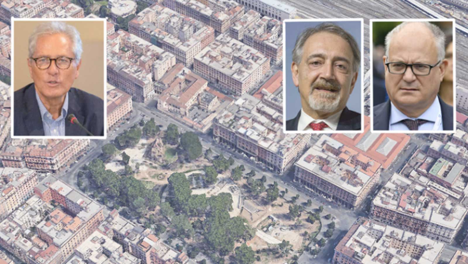 Roma, sullo sfondo il quartiere Esquilino, in primo piano l'ex sindaco di Roma Francesco Rutelli, il sindaco attuale Roberto Gualtieri, il governatore del Lazio, Francesco Rocca