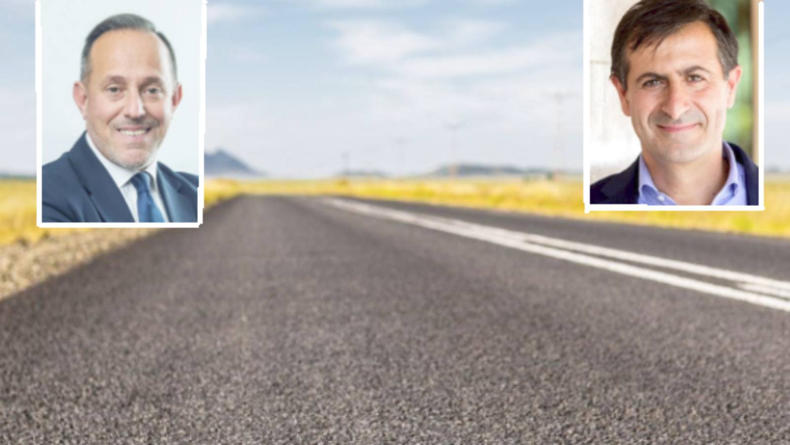 Regione Lazio, sullo sfondo una strada, in primo piano l'assessore della Giunta Rocca, Giancarlo Righini, e il presidente della Commissione Trsaprenza Lazio, Massimiliano Valeriani