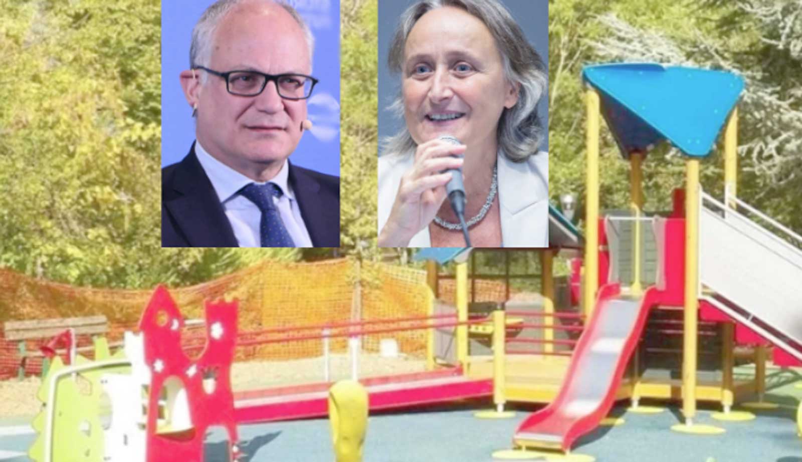 Roma, sullo sfondo un'area gioco, in primo piano il sindaco Gualtieri e l'assessore all'Ambiente Sabrina Alfonsi