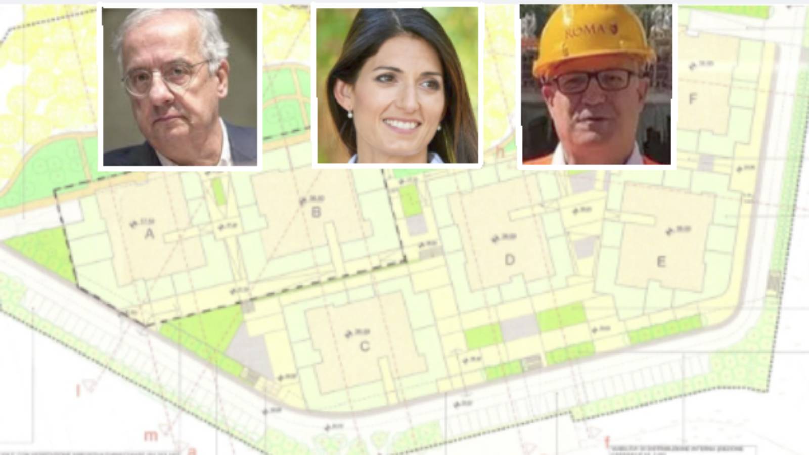 Roma, sullo sfondo il permesso di costruire della lottizzazione di Colle della Strega, in primo piano gli ex sindaci Velòtroni e Raggi e l'attuale primo cittadino Roberto Gualtieri