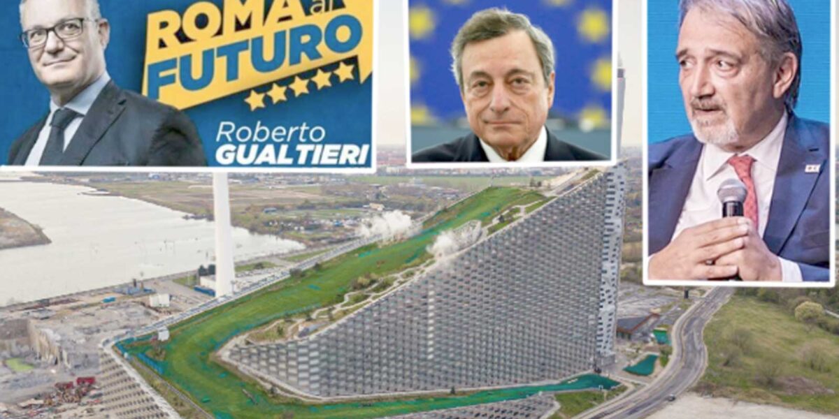 Roma, sullo sfondo il rendering del futuro inceneritore, in primo piano il sindaco-Commissario Roberto Gualtieri, l'ex premier Mario Draghi e il governatore del Lazio Francesco Rocca