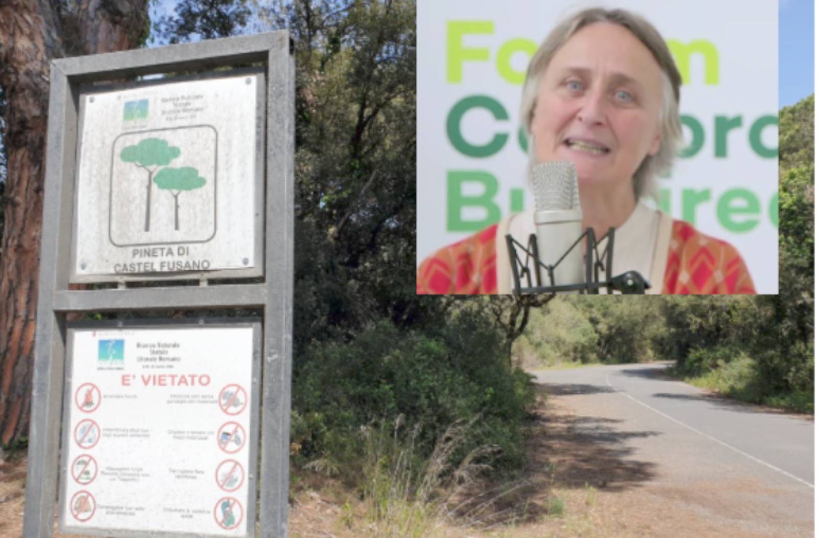 Ingresso della Pineta di Ostia, Roma, in primo piano l'assessore Sabrina Alfonsi