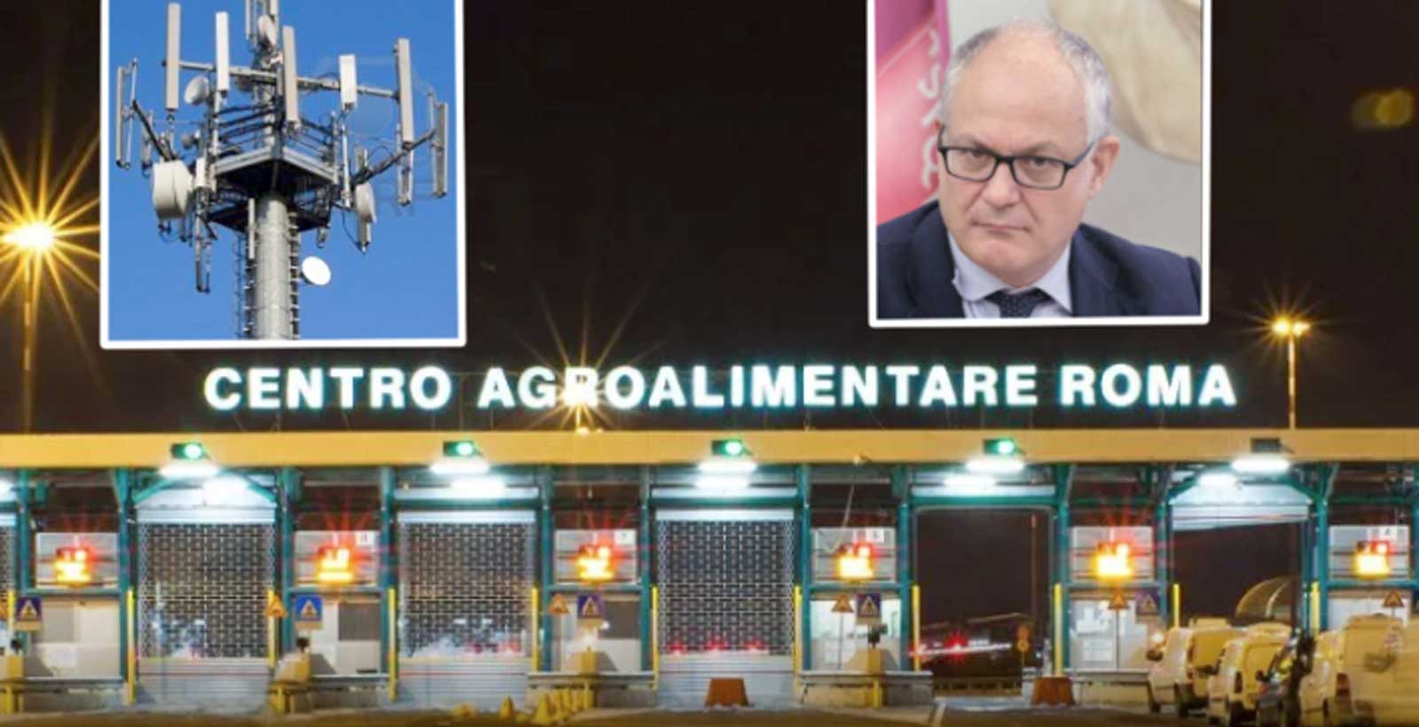 Roma, l'ingresso del Centro Agroalimentare, in primo piano il sindaco Roberto Gualtieri e un classico traliccio di telefonia mobile