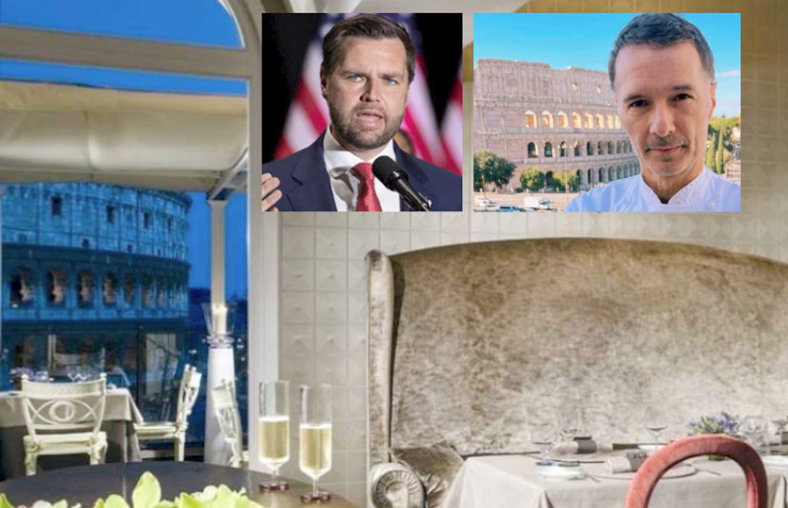 Roma, sullo sfondo la foto di copertina social del ristorante Aroma, in primo piano il vicepresidente USA JD Vance e lo Chef stellato Di Iorio