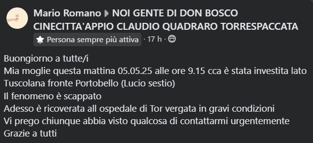 Appello marito che cerca testimoni per donna investita