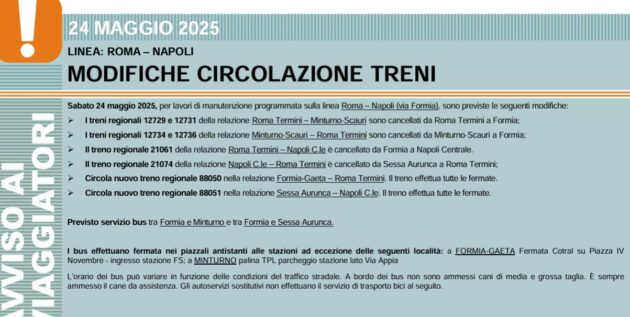 Lavori treni 24 maggio 2025