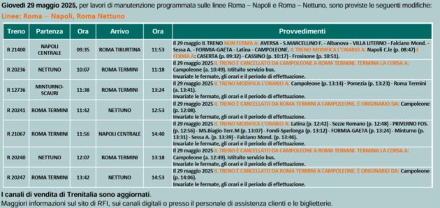 Treni modifiche 29 maggio 2025
