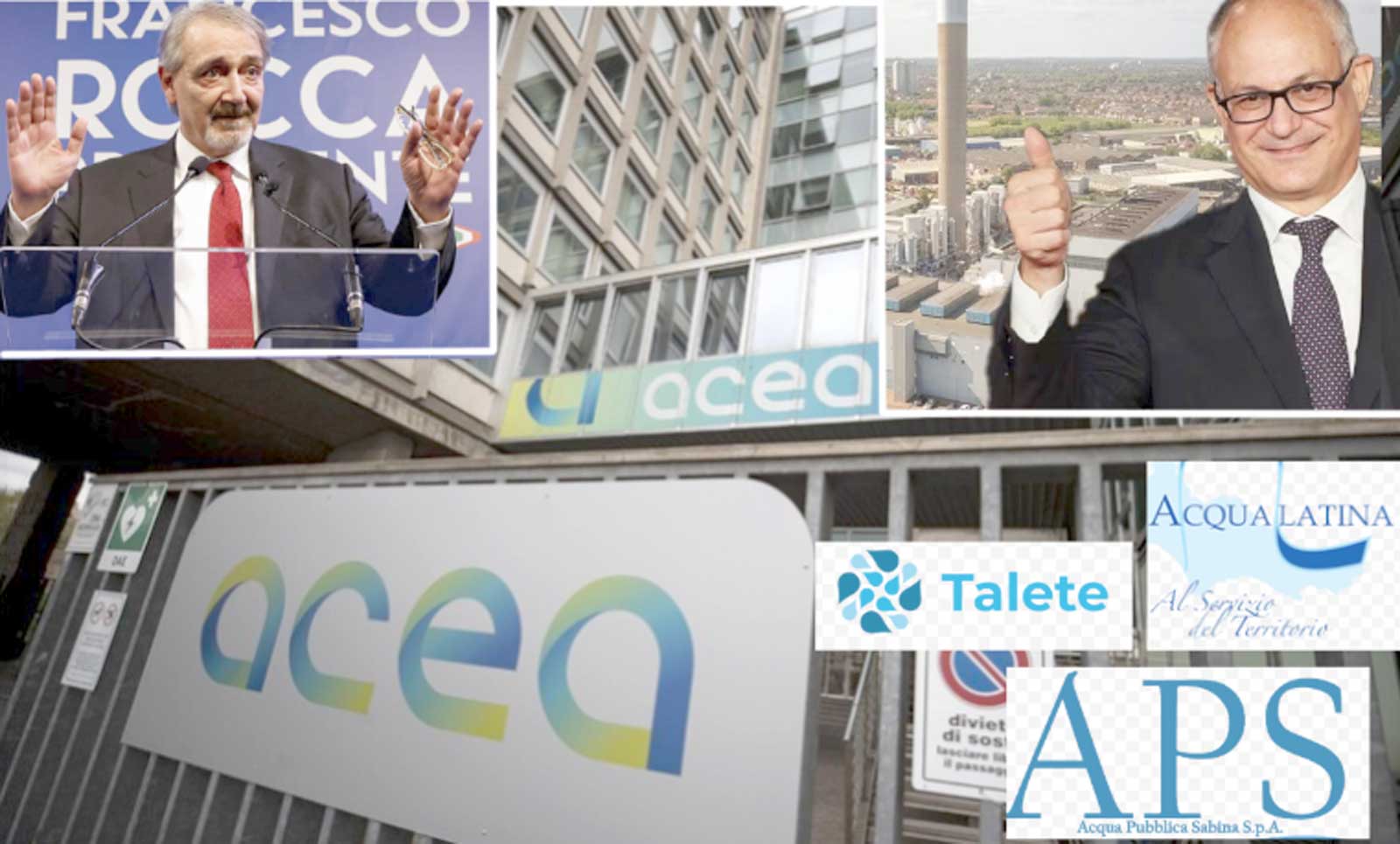 Roma, sullo sfondo la storica sede Acea di piazzale Ostiense, in primo piano il governatore Rocca, il sindaco Gualtieri e i loghi AcquaLatina, Talete Acqua Pubblica Sabina