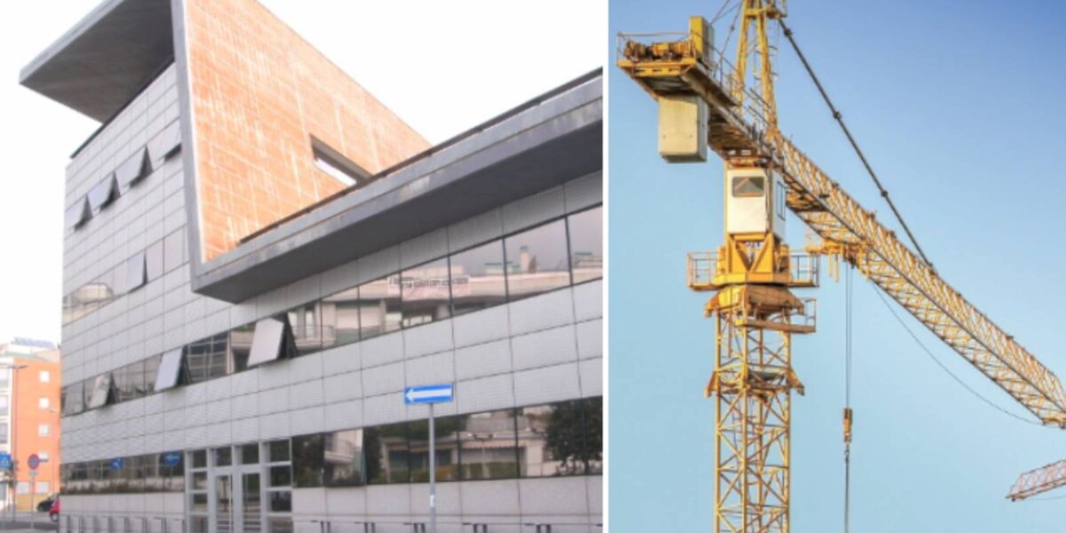 Da sinistra, la sede del Comune di Fiumicino, una classica gru in un cantiere edile