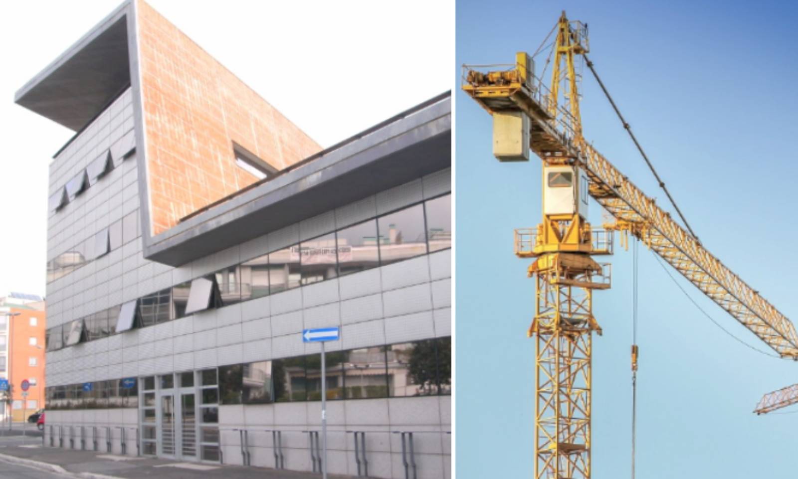Da sinistra, la sede del Comune di Fiumicino, una classica gru in un cantiere edile