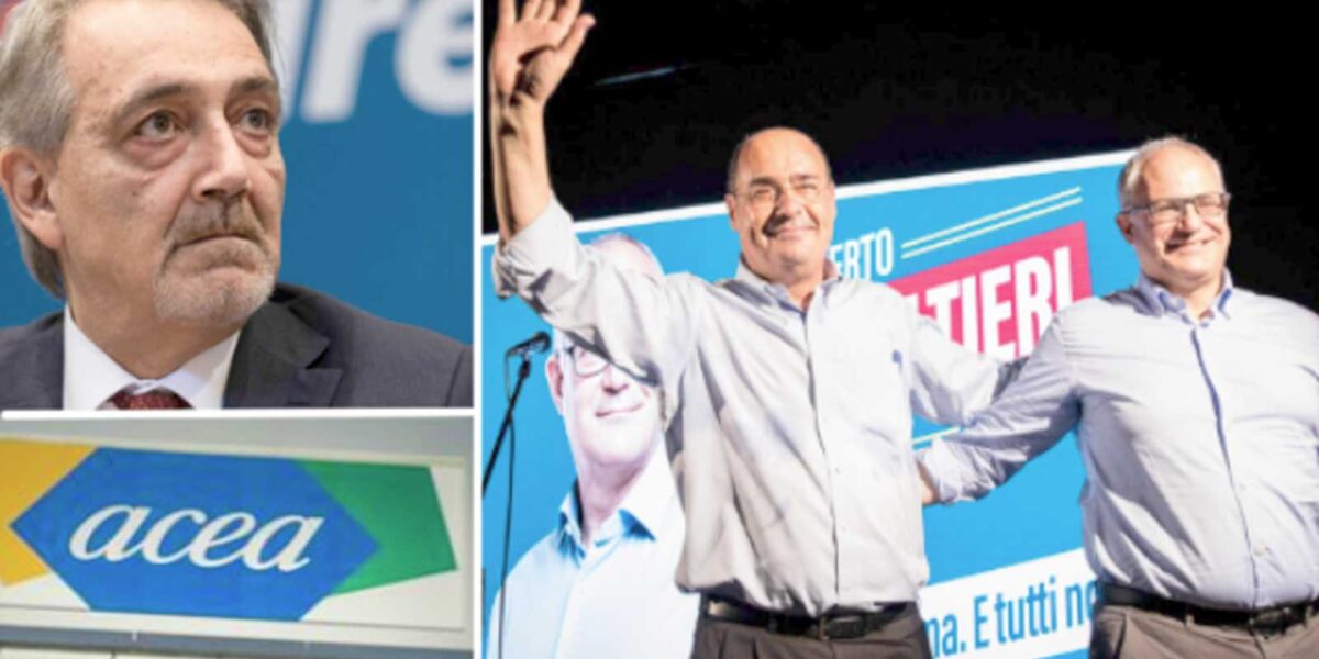 Da sinistra in alto, in senso orario, il governatore della Regione Lazio, Francesco Rocca, l'ex governatore del Lazio Zingaretti con il sindaco di Roma Gualtieri, il logo Acea