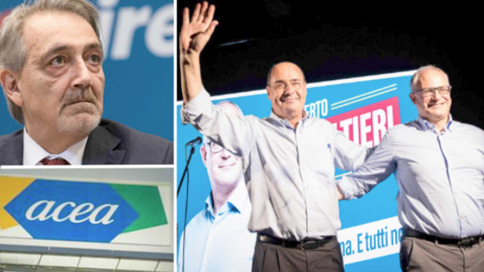 Da sinistra in alto, in senso orario, il governatore della Regione Lazio, Francesco Rocca, l'ex governatore del Lazio Zingaretti con il sindaco di Roma Gualtieri, il logo Acea
