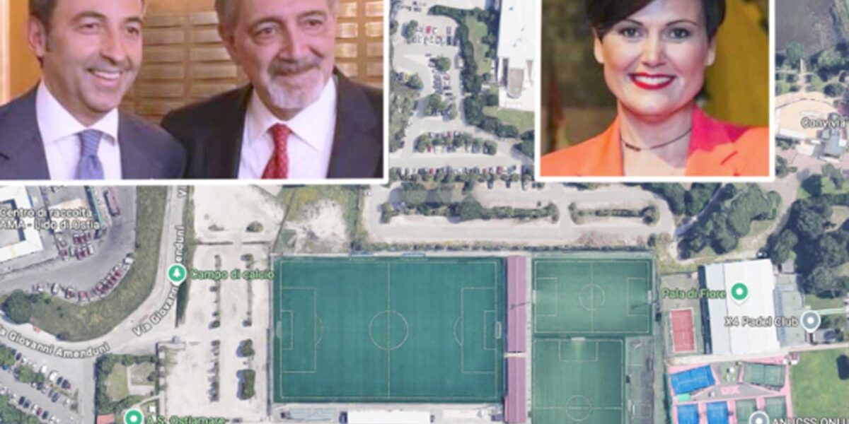 Sullo sfondo, lo stadio Anco Marzio di Ostia visto dall'alto, foto Google Maps, in primo piano il presidente della Commissione Sport Lazio Crea con il presidente Rocca, e la consigliera PD Mattia