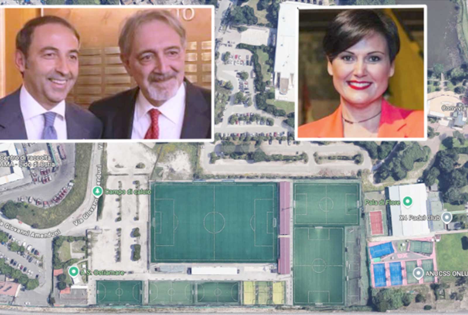 Sullo sfondo, lo stadio Anco Marzio di Ostia visto dall'alto, foto Google Maps, in primo piano il presidente della Commissione Sport Lazio Crea con il presidente Rocca, e la consigliera PD Mattia