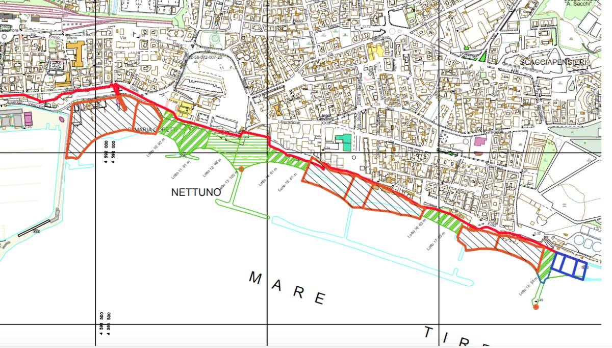 Nettuno, alcune spiagge (in verde) libere che rischiano di restare senza bagnini, rendering delle mappe comunali
